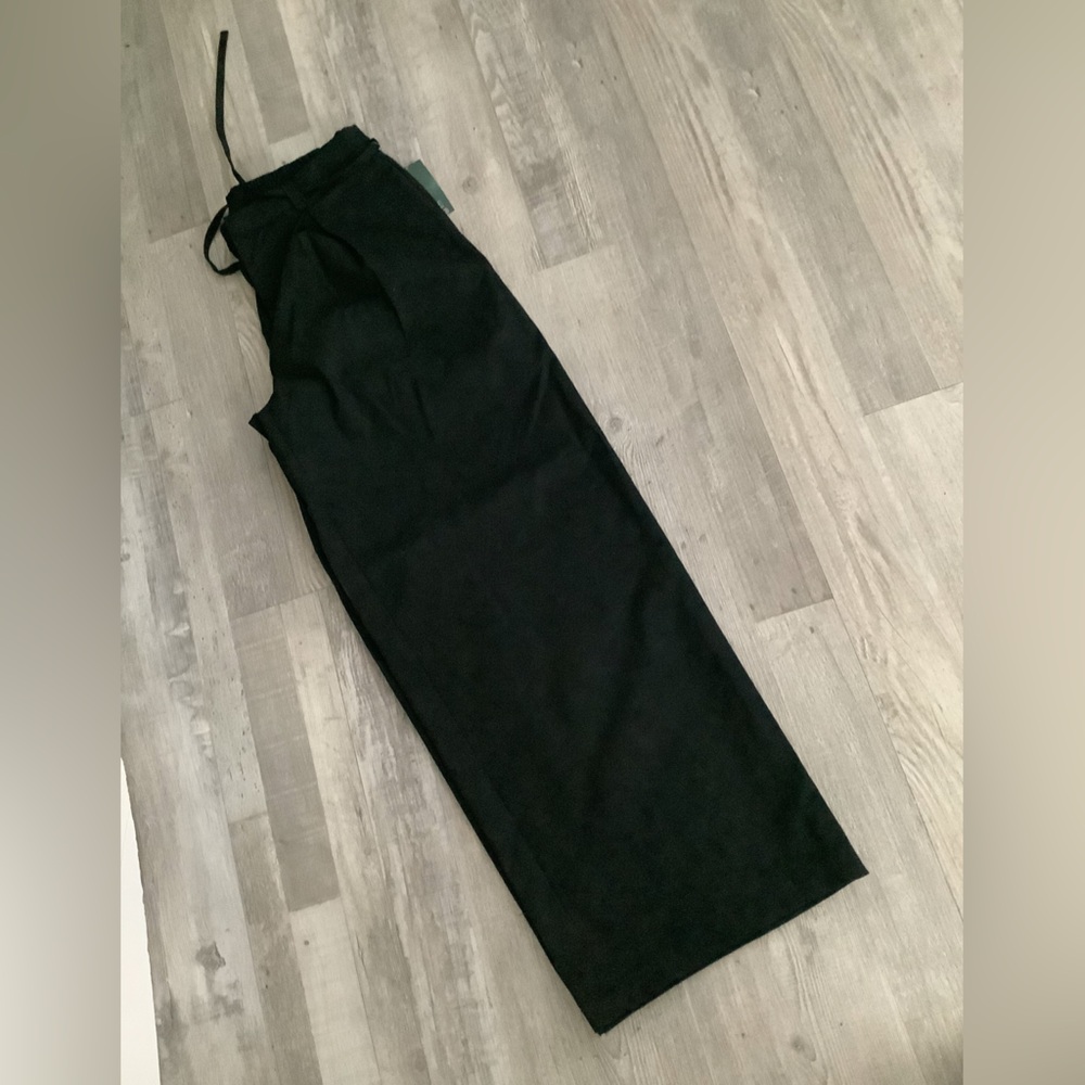 Black Mid-Rise Waist Tie Slouchy Wide Leg Trousers